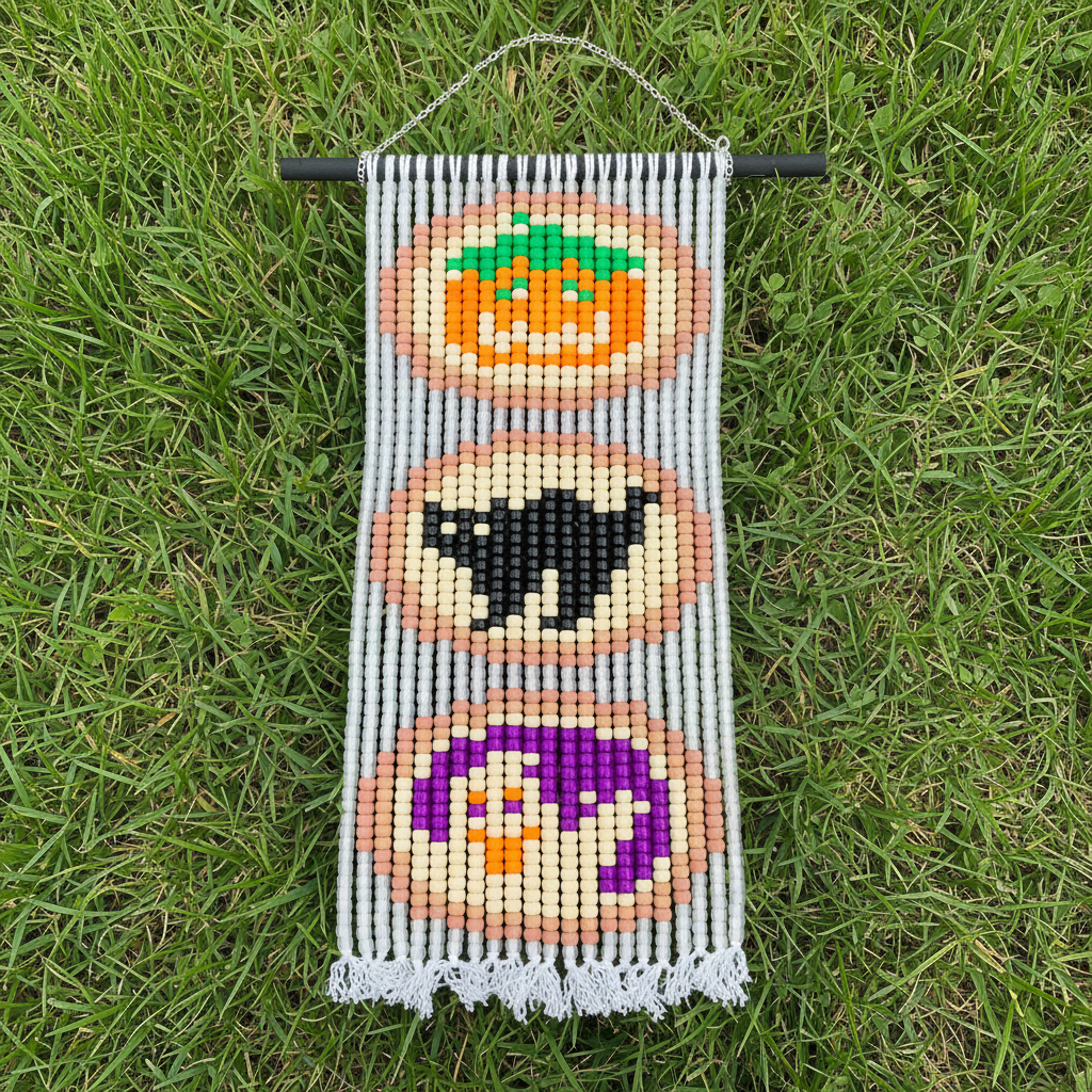 Halloween cookie beaded tapestry hanging against bright green grass
